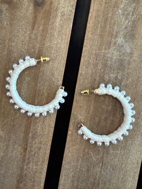 Ivory Raffia Wrapped Hoop Earrings with Faux Pearls